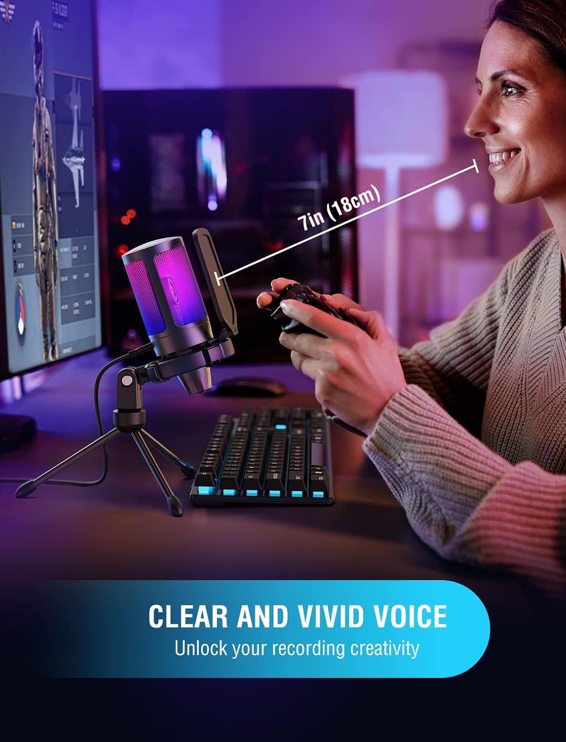 FIFINE Gaming Microfono , USB Condensador Micrófono De Cardioide Para Podcast Streaming Studio, Con RGB, Botón De Silencio, Trípode, Filtro Anti-Pop, Soporte 