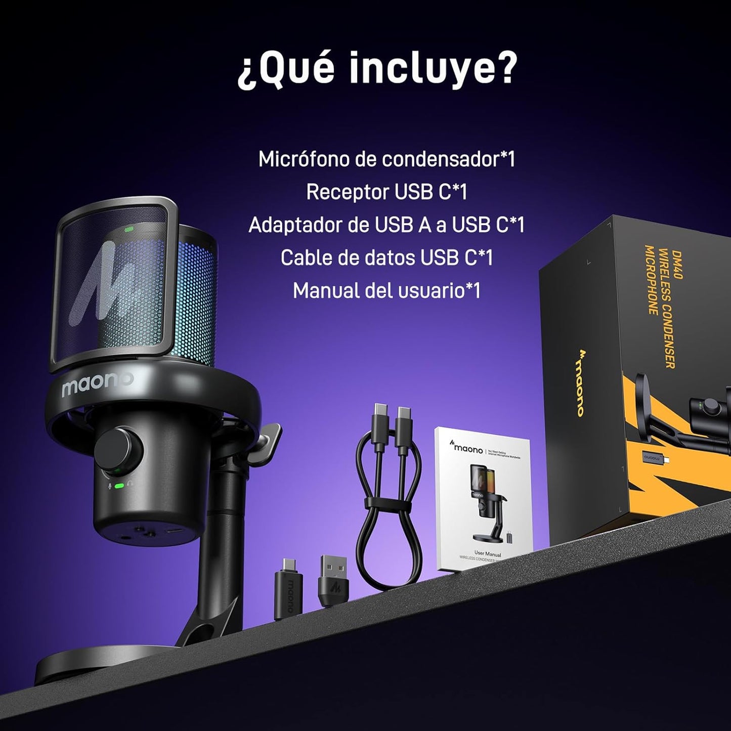 MAONO Microfono Inalambrico Para PC, Microfono PC Con Cambiador De Voz Con IA, Cancelación De Ruido De 3 Niveles, Luz RGB Personalizada, Para Juegos, Podcasting & Streaming, DM40 Pro Negro