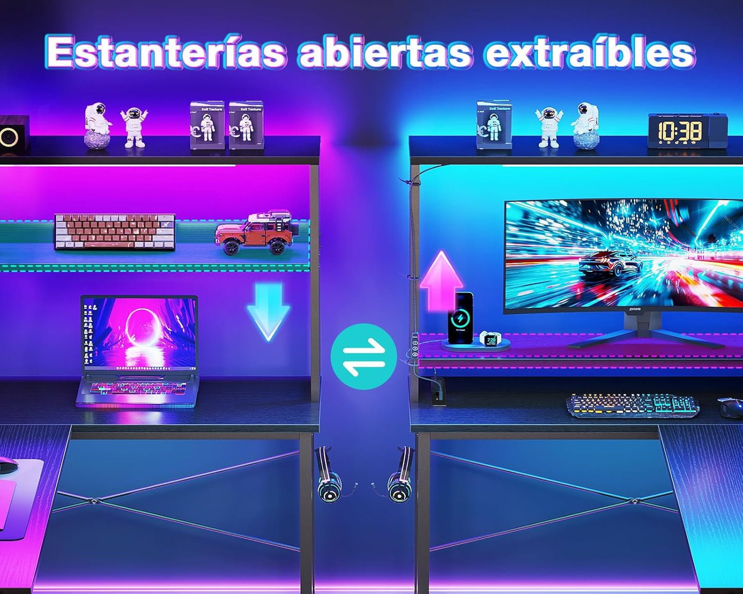 Coleshome Escritorio Gaming En L Con LED Y Enchufes, 110 × 80 Cm Escritorio Gamer Reversible Con Estantes, Escritorio Esquinero Con Bolsa De Almacenamiento Y Gancho.