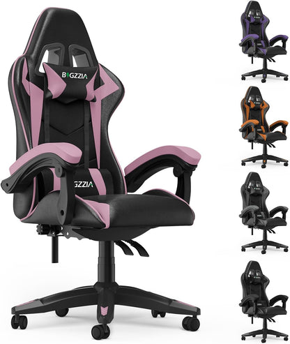 Bigzzia Silla Gaming, Ergonómica En Cuero PU, Regulable En Altura Con Soporte Lumbar Y Reposacabezas, Respaldo Reclinable 155°