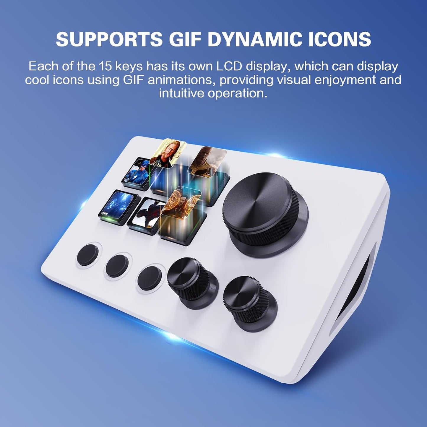 Panel de control para streamers, teclado de accesos directos para gaming con 6 teclas LCD personalizables, 3 botones y 3 perillas, permite activar acciones en OBS, Twitch y YouTube, compatible con Windows y macOS