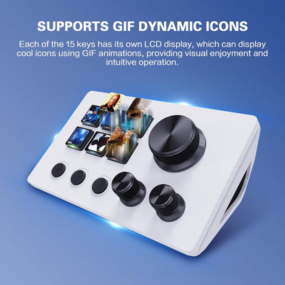 Panel de control para streamers, teclado de accesos directos para gaming con 6 teclas LCD personalizables, 3 botones y 3 perillas, permite activar acciones en OBS, Twitch y YouTube, compatible con Windows y macOS