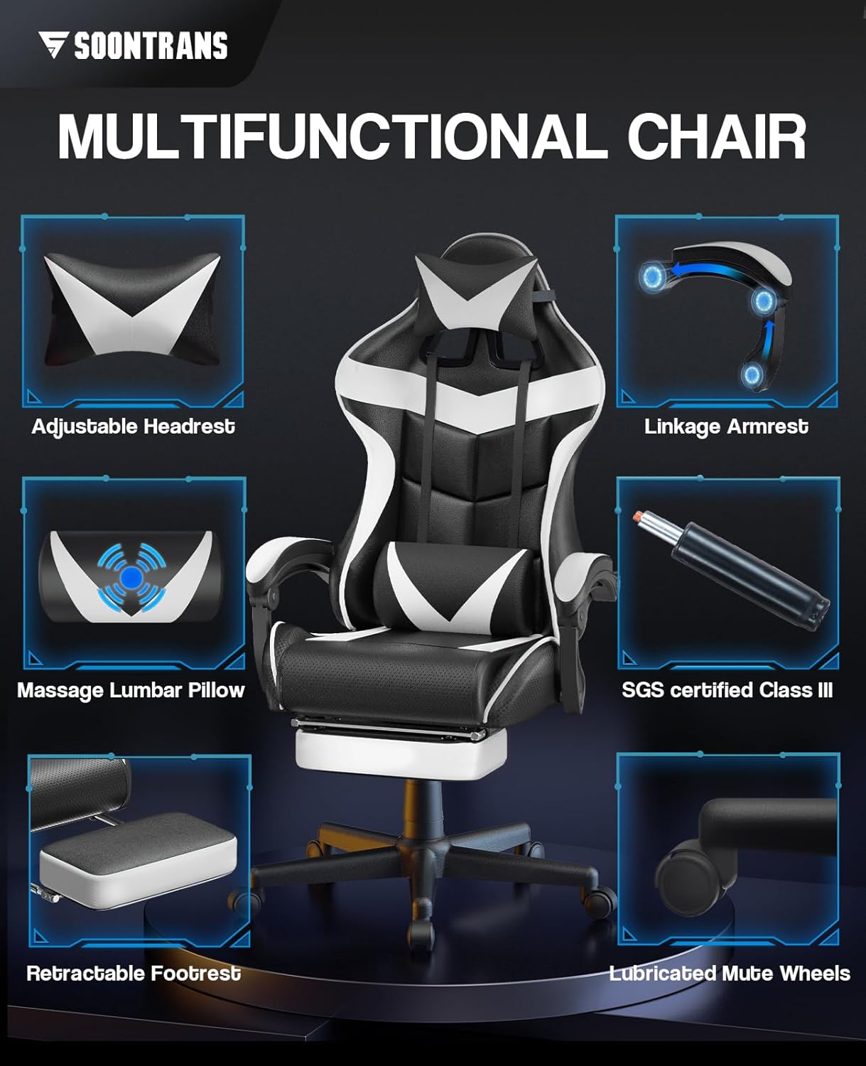 Soontrans Silla Para Videojuegos, De Masaje, Con Reposapiés, Ergonómica, Con Reposacabezas, Cojín Lumbar De Masaje, Acolchada, Blanco
