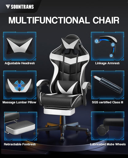 Soontrans Silla Para Videojuegos, De Masaje, Con Reposapiés, Ergonómica, Con Reposacabezas, Cojín Lumbar De Masaje, Acolchada, Blanco