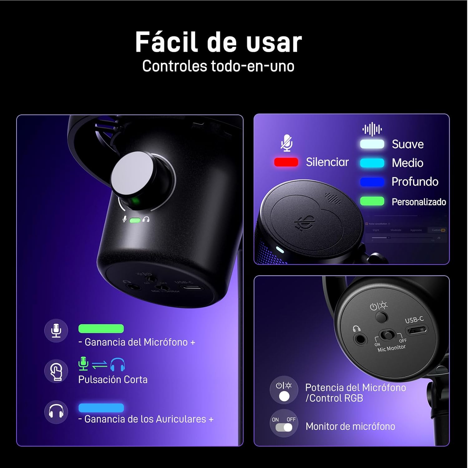 MAONO Microfono Inalambrico Para PC, Microfono PC Con Cambiador De Voz Con IA, Cancelación De Ruido De 3 Niveles, Luz RGB Personalizada, Para Juegos, Podcasting & Streaming, DM40 Pro Negro