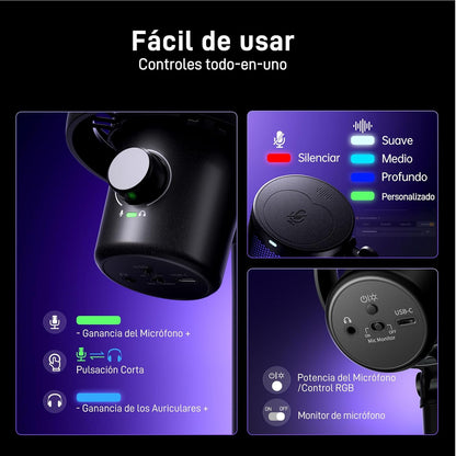 MAONO Microfono Inalambrico Para PC, Microfono PC Con Cambiador De Voz Con IA, Cancelación De Ruido De 3 Niveles, Luz RGB Personalizada, Para Juegos, Podcasting & Streaming, DM40 Pro Negro