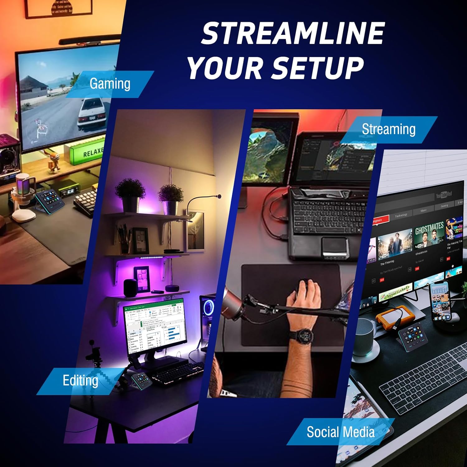 Panel de control para streaming y gaming, teclado de accesos directos con 18 teclas programables, panel visual personalizable con IA, soundboard USB compatible con OBS y YouTube, ideal para configuración de escritorio, laptop, PC y Mac.