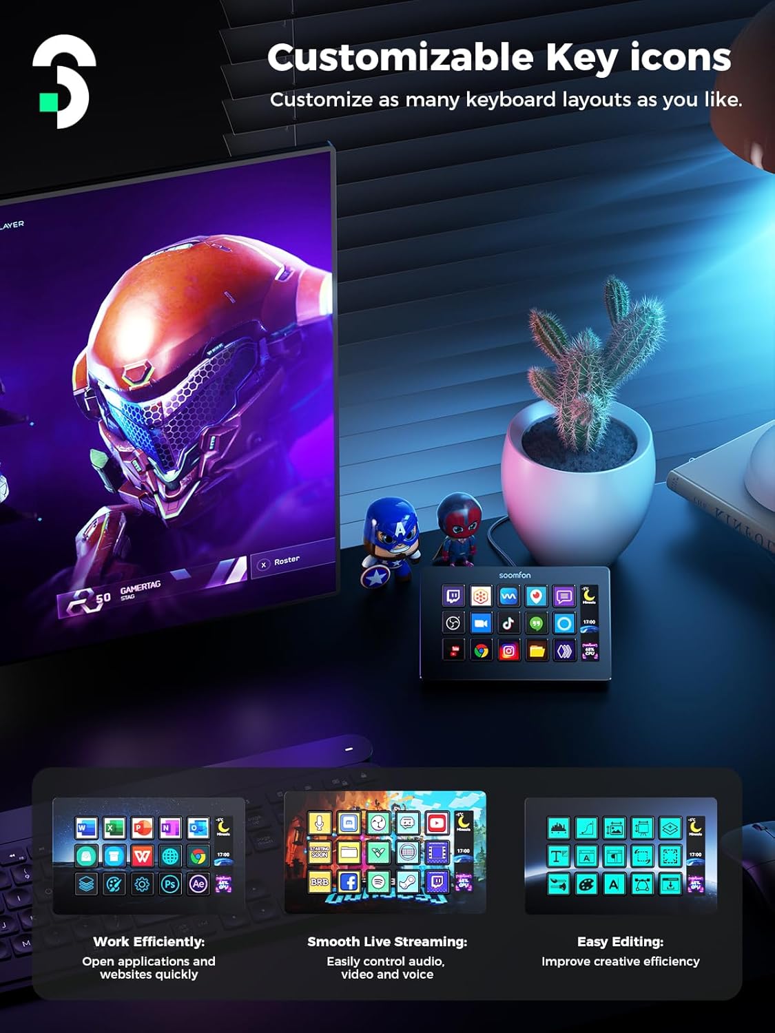 SOOMFON Controlador con 15 teclas macro LCD personalizables para activar acciones en OBS Twitch YouTube Compatible con PC y Mac para creadores de contenido 