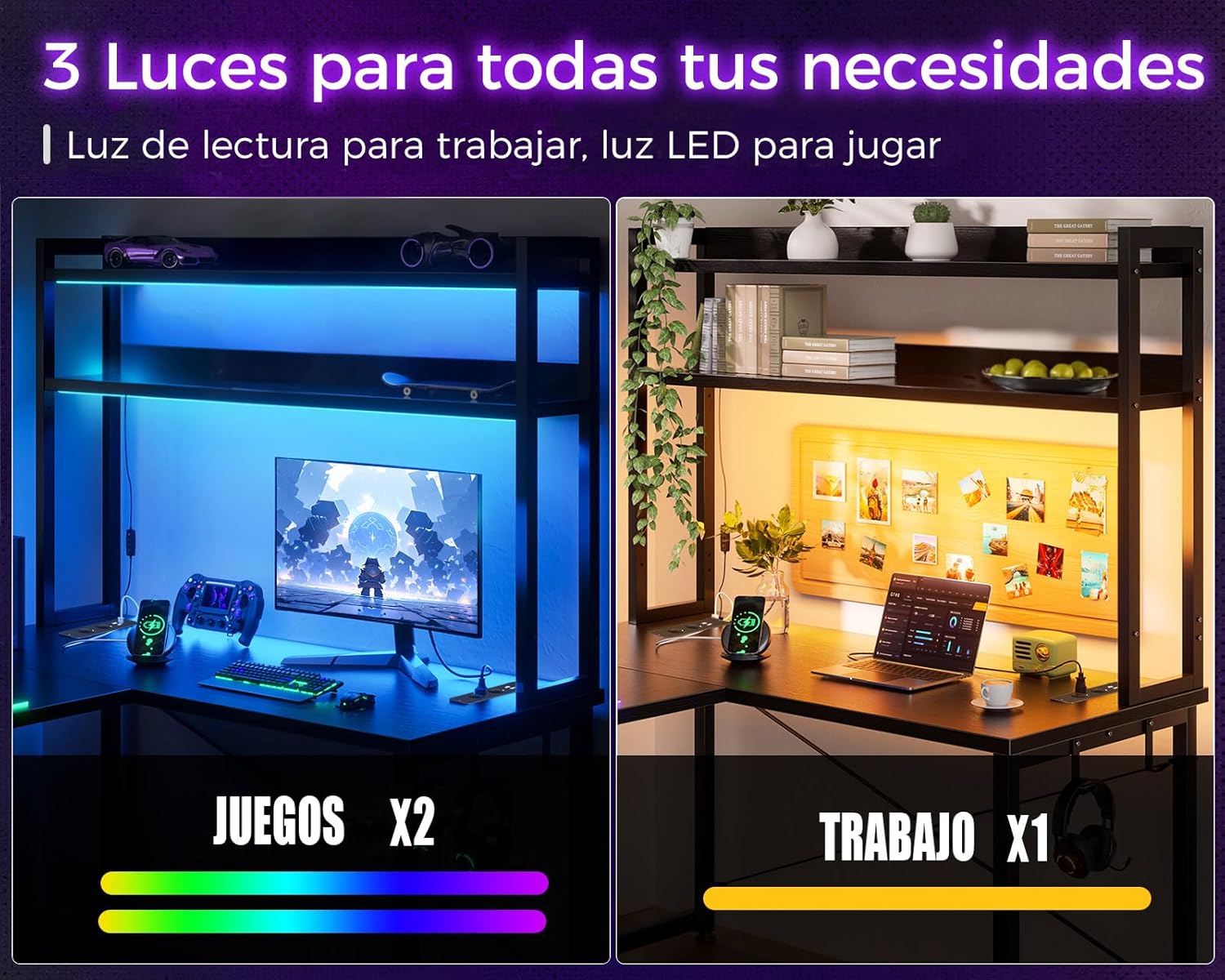 ODK Escritorio Gaming Con LED, 150×120 Cm Escritorio Con Estante Reversible, Escritorio En L Con Enchufes Y Puertos USB, Negro Con Compartimentos Y Almacenamiento