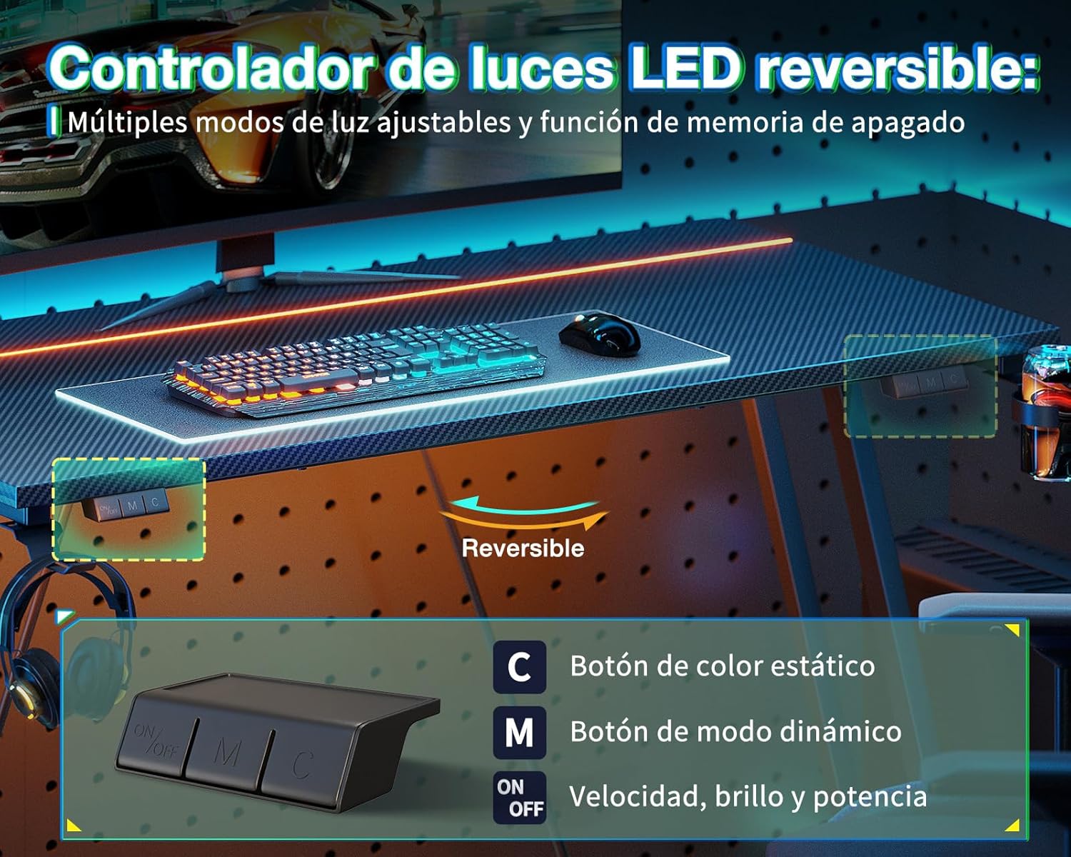 ODK 80 × 50 Cm Mesa Gaming Con Luces LED Y Toma De Corriente, Escritorio Gaming Con Soporte Para Taza Y Gancho Para Auriculares, Fibra De Carbono Negro