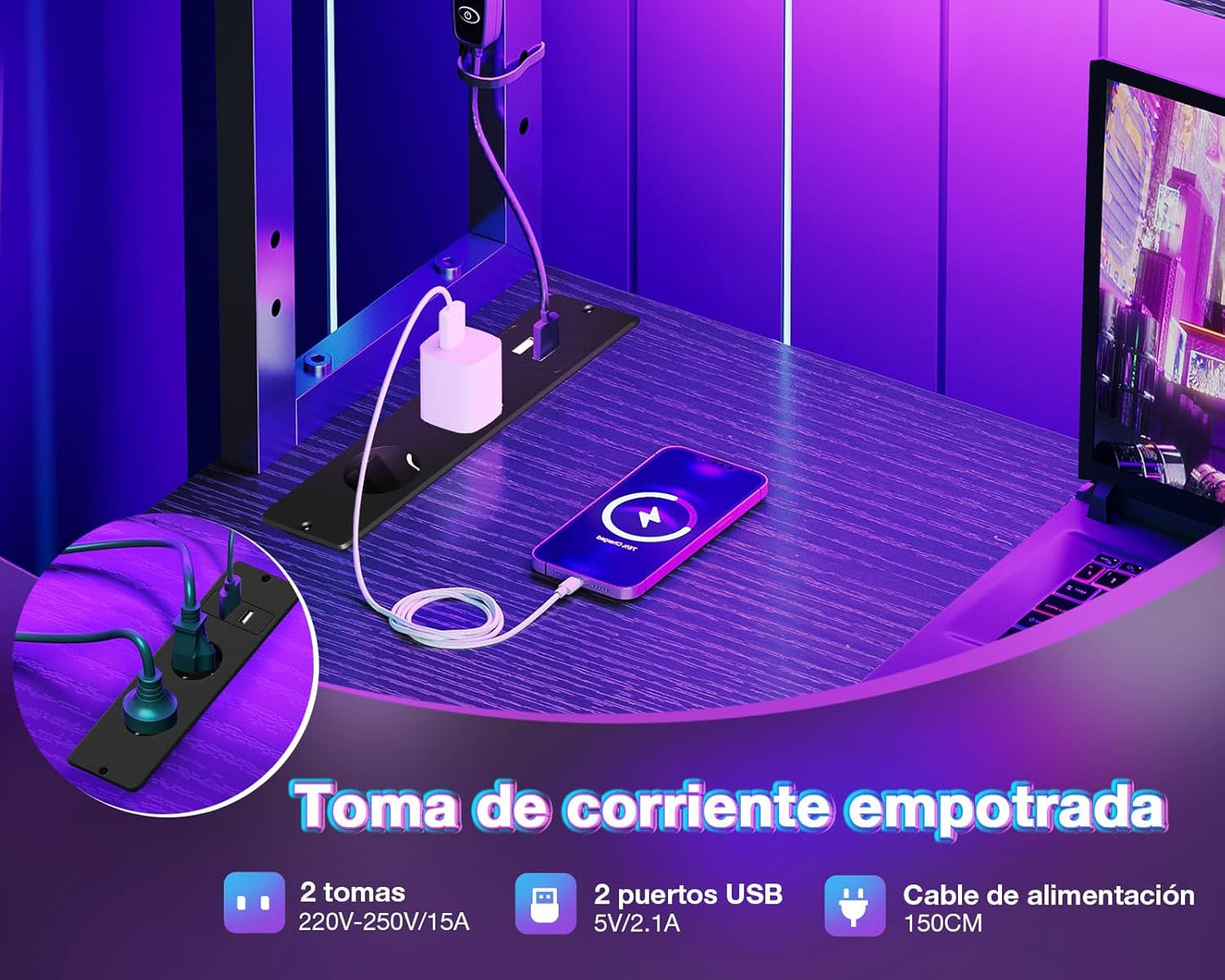 Coleshome Escritorio Gaming En L Con LED Y Enchufes, 110 × 80 Cm Escritorio Gamer Reversible Con Estantes, Escritorio Esquinero Con Bolsa De Almacenamiento Y Gancho.