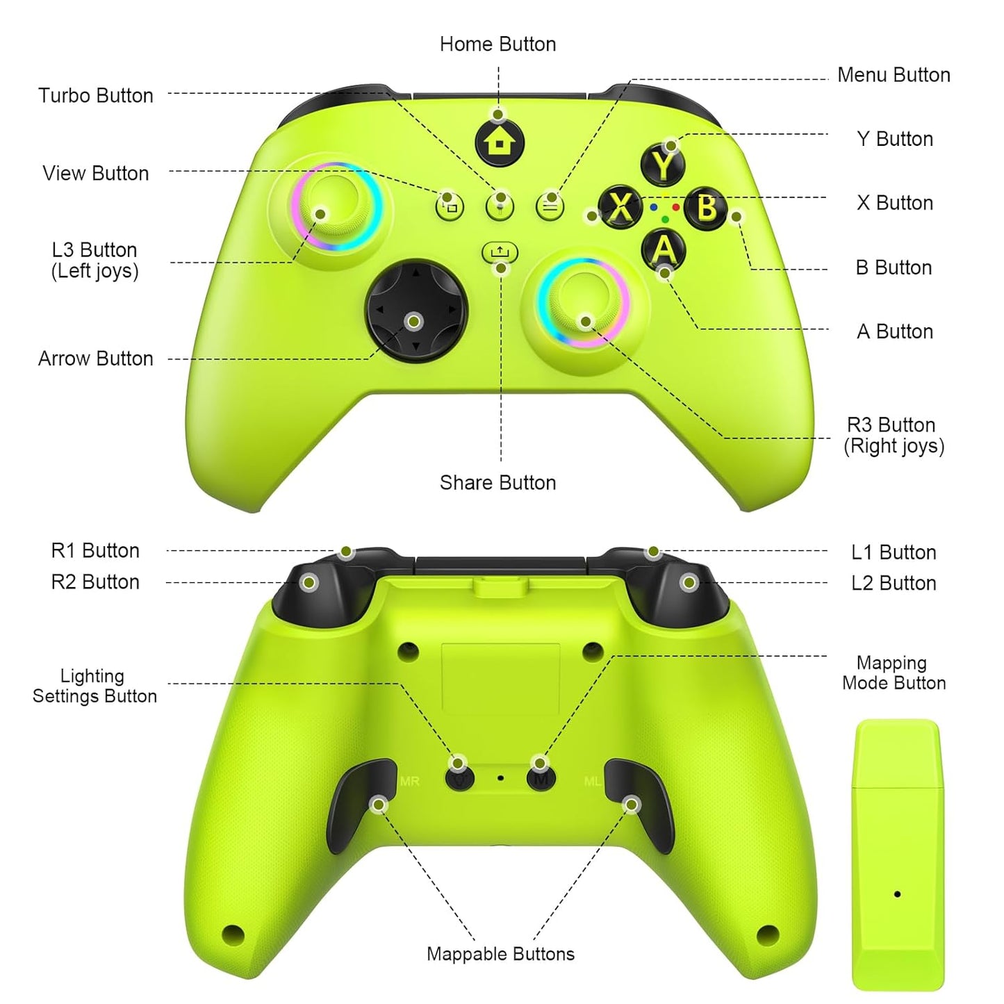 Mando inalámbrico para Xbox One, Xbox Series X/S, Xbox One X/S, PC, con luz LED RGB, botones asignables y adaptador inalámbrico de 2,4 GHz (Electric Volt)