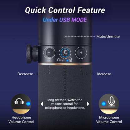 Micrófono Gaming XLR/USB, Micrófono Dinámico para Grabación de Podcasts y Streaming con Luz RGB, Botón de Silencio, Conector para Auriculares, Monitoreo, Soporte de Escritorio, Micrófono Vocal Metálico