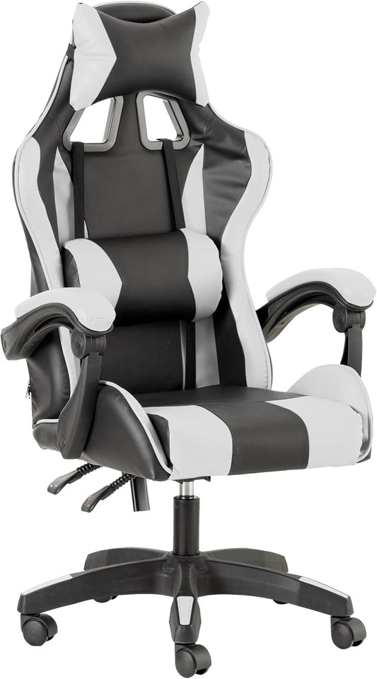 – Silla De Gaming Blanca Y Negra, Silla Ergonómica De Oficina Con Respaldo Regulable De 90° a 120°, Con Reposacabezas, Reposabrazos Y Soporte Lumbar. Rotación De 360°
