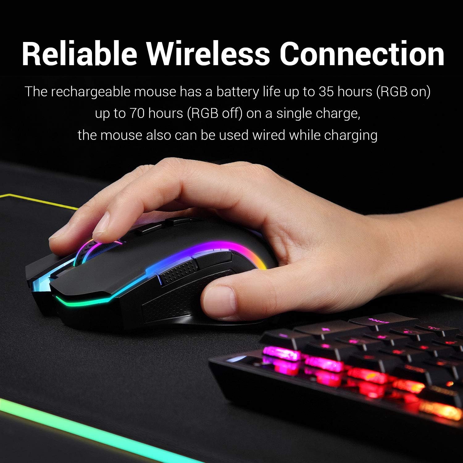 Raton Gaming Inalámbrico Redragon M602 Griffin RGB, mouse ergonómico con iluminación RGB Spectrum, 7 modos de retroiluminación programables y hasta 8000 DPI