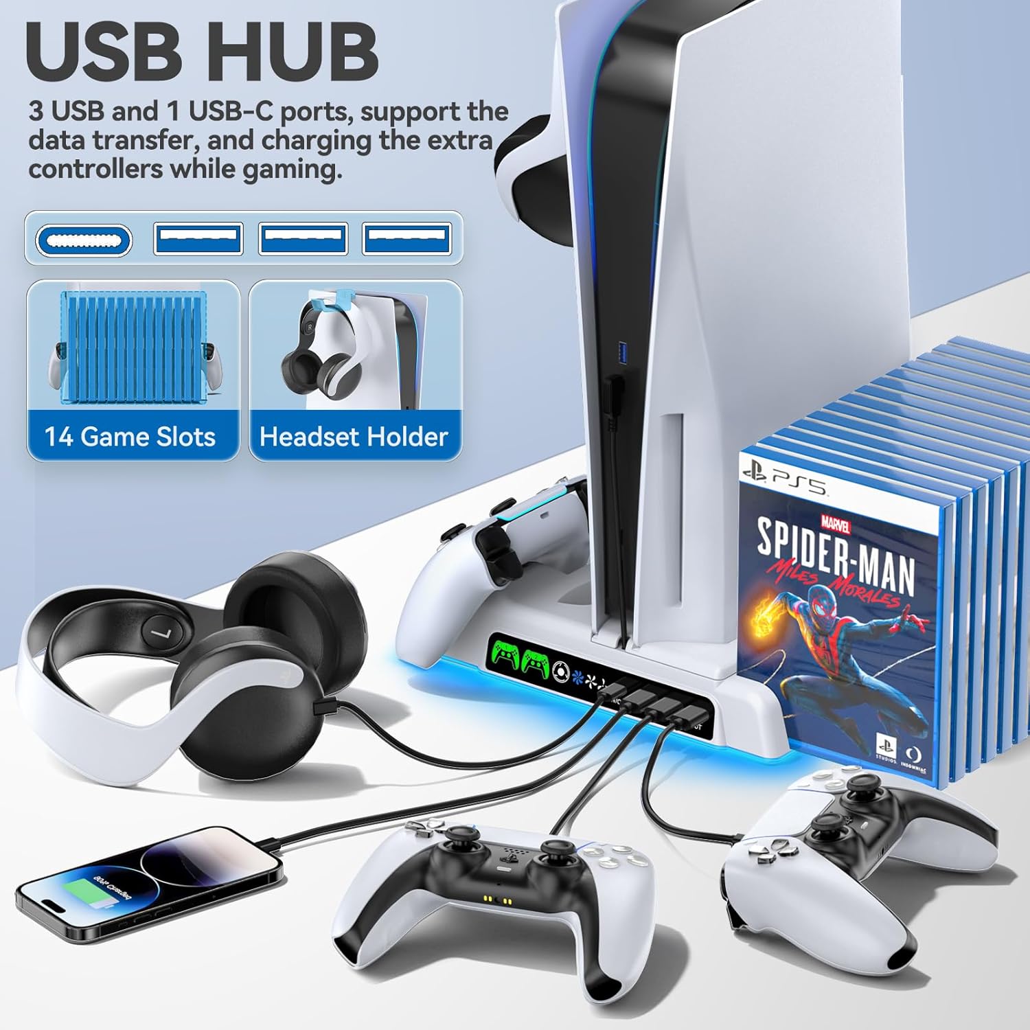 OIVO Soporte Para Ps5/Slim/Pro Con Ventilador De 3 Velocidades, Cargador Para Mando Playstation, Soporte PS5 Vertical Con 3 Puertos USB Y Ranuras De 14 Juegos