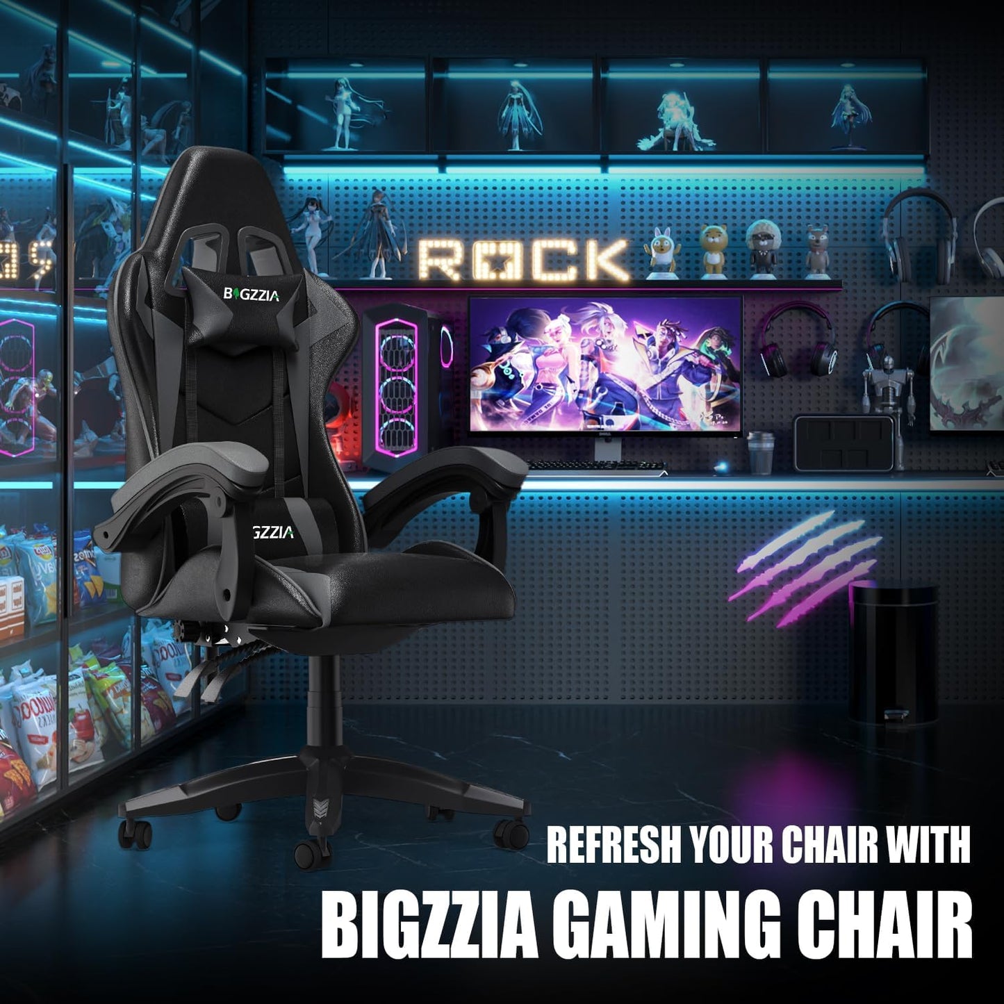 Bigzzia Silla Gaming, Ergonómica En Cuero PU, Regulable En Altura Con Soporte Lumbar Y Reposacabezas, Respaldo Reclinable 155°