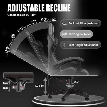 Bigzzia Silla Gaming, Ergonómica En Cuero PU, Regulable En Altura Con Soporte Lumbar Y Reposacabezas, Respaldo Reclinable 155°