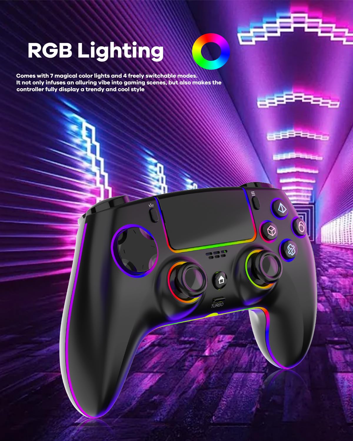 Mando inalámbrico para PS5, Pro, PC, Mac, iOS, Android y Steam Deck. Incluye iluminación RGB, joystick de efecto Hall, doble vibración, turbo, conector para auriculares y batería de 1500 mAh.