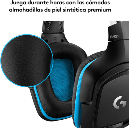 Logitech G432 Auriculares Con Cable, Sonido 7.1 Surround DTS:X 2.0, Transductores 50Mm USB Y Jack Audio 3.5Mm, Micrófono Volteable, Peso Ligero- Azul/Negro