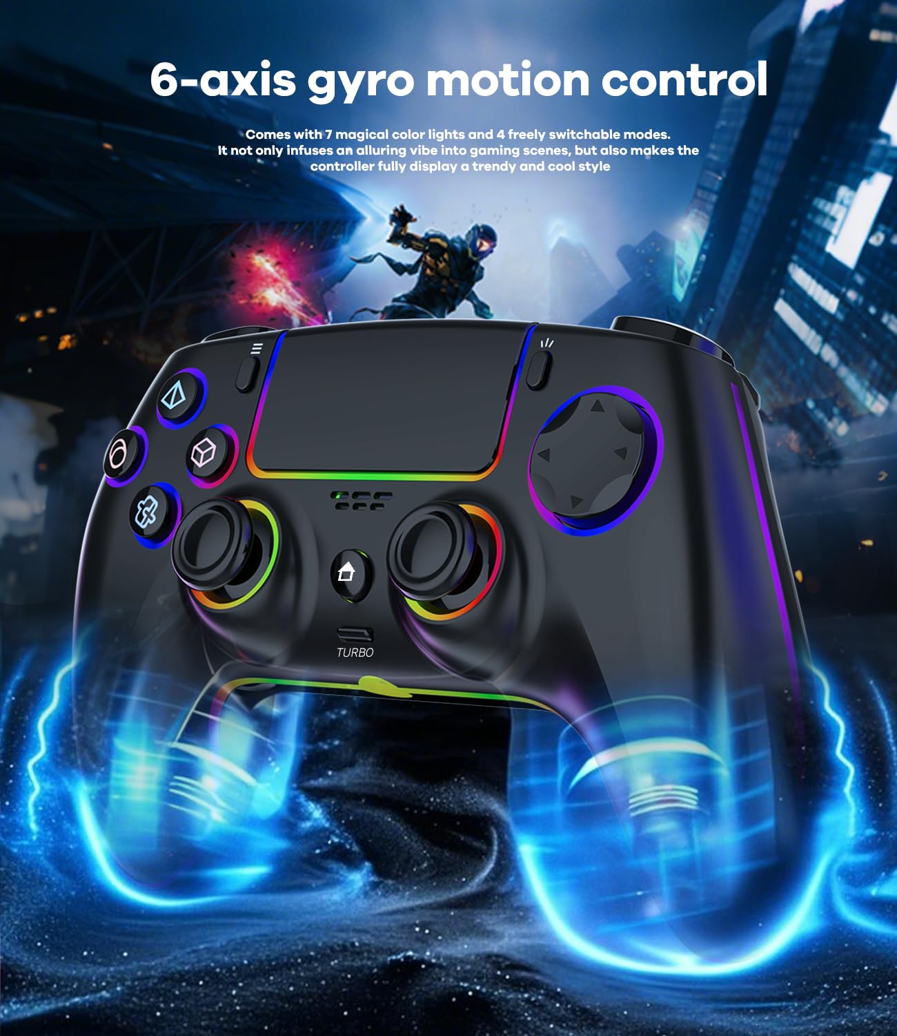 Mando inalámbrico para PS5, Pro, PC, Mac, iOS, Android y Steam Deck. Incluye iluminación RGB, joystick de efecto Hall, doble vibración, turbo, conector para auriculares y batería de 1500 mAh.