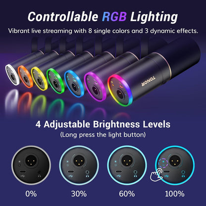 Micrófono Gaming XLR/USB, Micrófono Dinámico para Grabación de Podcasts y Streaming con Luz RGB, Botón de Silencio, Conector para Auriculares, Monitoreo, Soporte de Escritorio, Micrófono Vocal Metálico