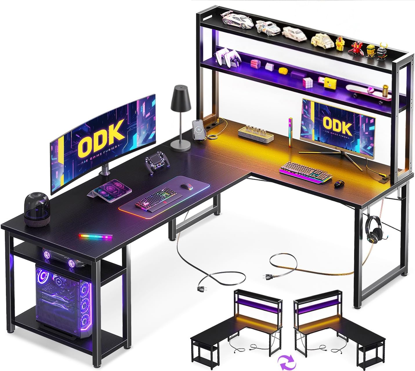 ODK Escritorio Gaming Con LED, 150×120 Cm Escritorio Con Estante Reversible, Escritorio En L Con Enchufes Y Puertos USB, Negro Con Compartimentos Y Almacenamiento