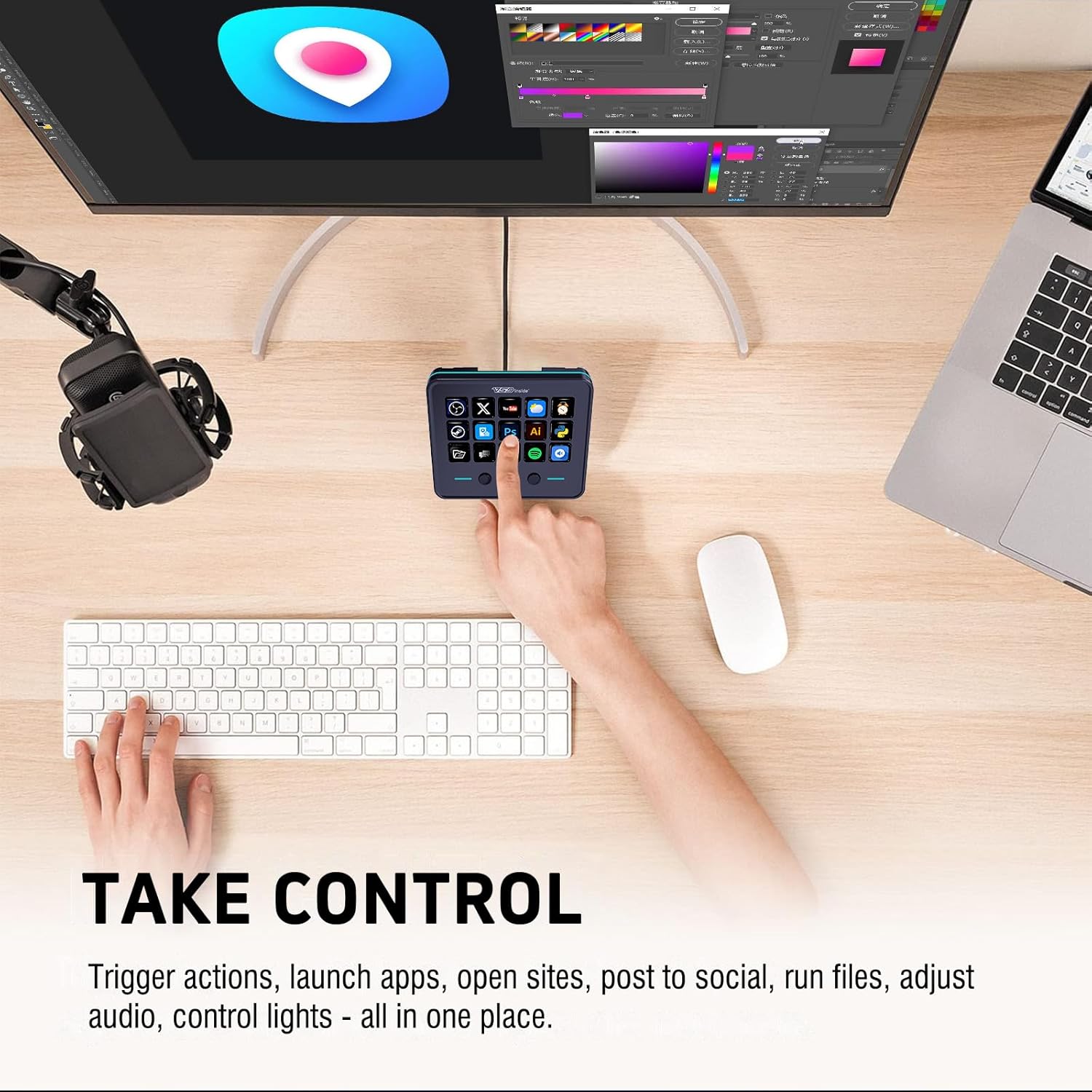 Panel de control para streaming y gaming, teclado de accesos directos con 18 teclas programables, panel visual personalizable con IA, soundboard USB compatible con OBS y YouTube, ideal para configuración de escritorio, laptop, PC y Mac.
