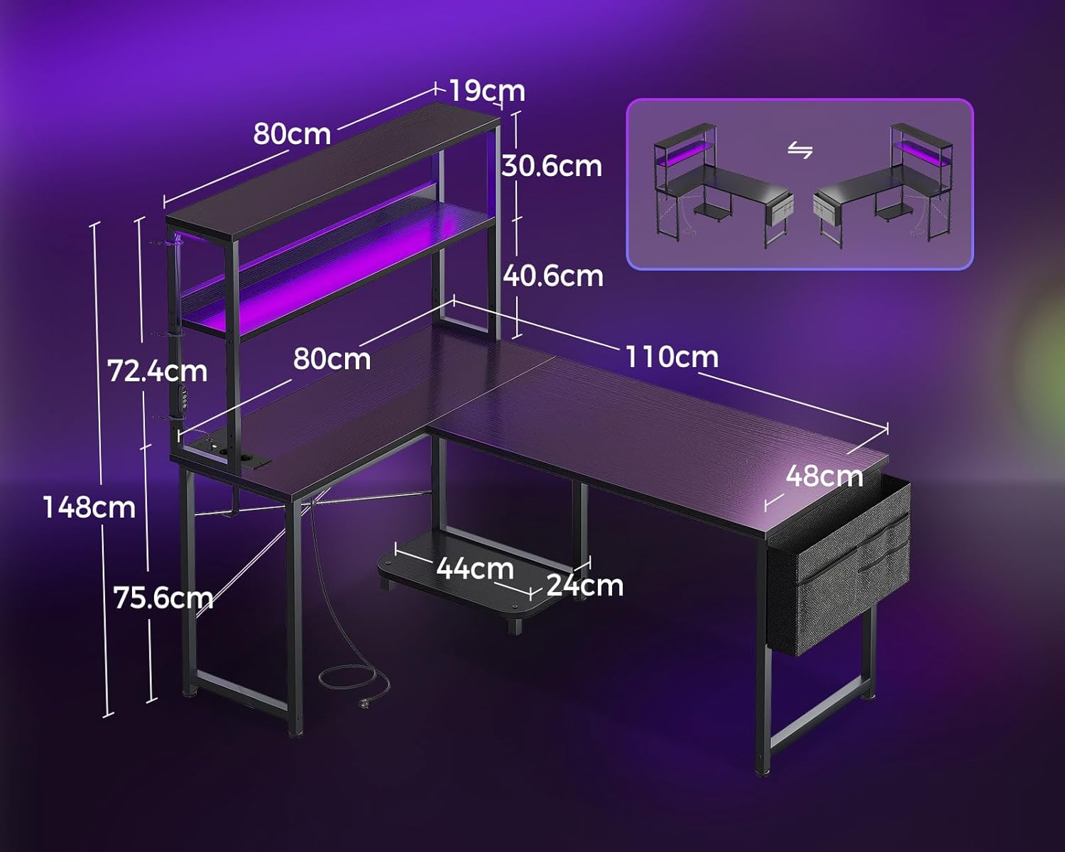 Coleshome Escritorio Gaming En L Con LED Y Enchufes, 110 × 80 Cm Escritorio Gamer Reversible Con Estantes, Escritorio Esquinero Con Bolsa De Almacenamiento Y Gancho.