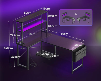 Coleshome Escritorio Gaming En L Con LED Y Enchufes, 110 × 80 Cm Escritorio Gamer Reversible Con Estantes, Escritorio Esquinero Con Bolsa De Almacenamiento Y Gancho.