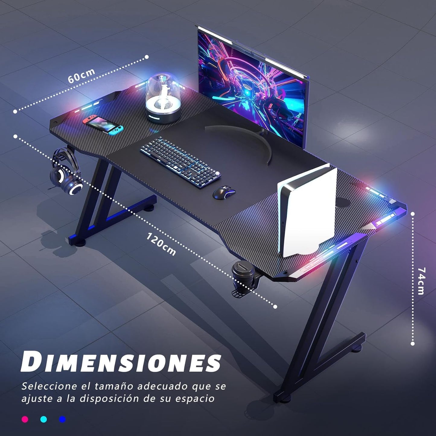 120 × 60Cm LED Mesa Gaming, Escritorio Gaming De Fibra De Carbono Ergonómicas, Escritorio Gamer Con Portavasos Y Gancho Para Auriculares, Negro