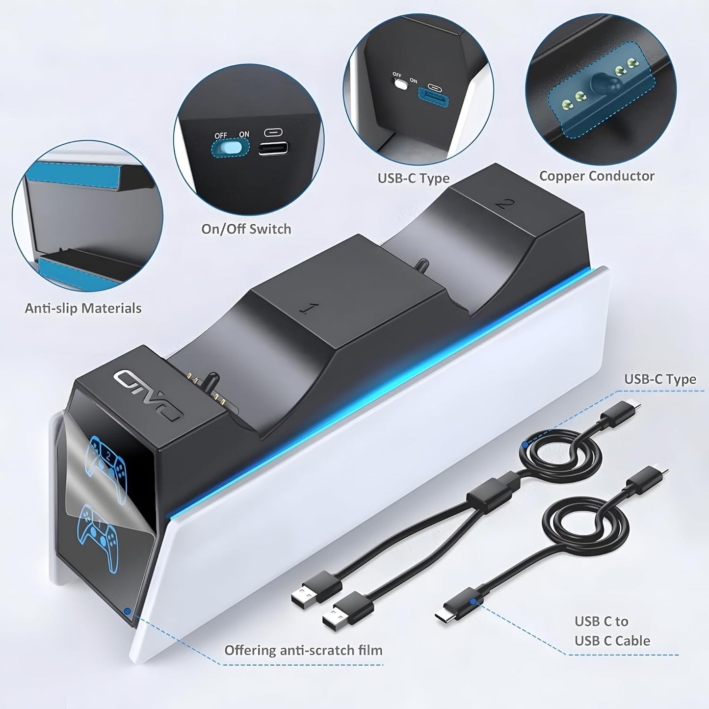 OIVO - Cargador Para Mando PS5, 2H Rápido Cargador Ps5 Con 2 Tipos De Cable Para Mando PS5, Estación De Carga Compatible Con Mandos Dualsense Playstation 5