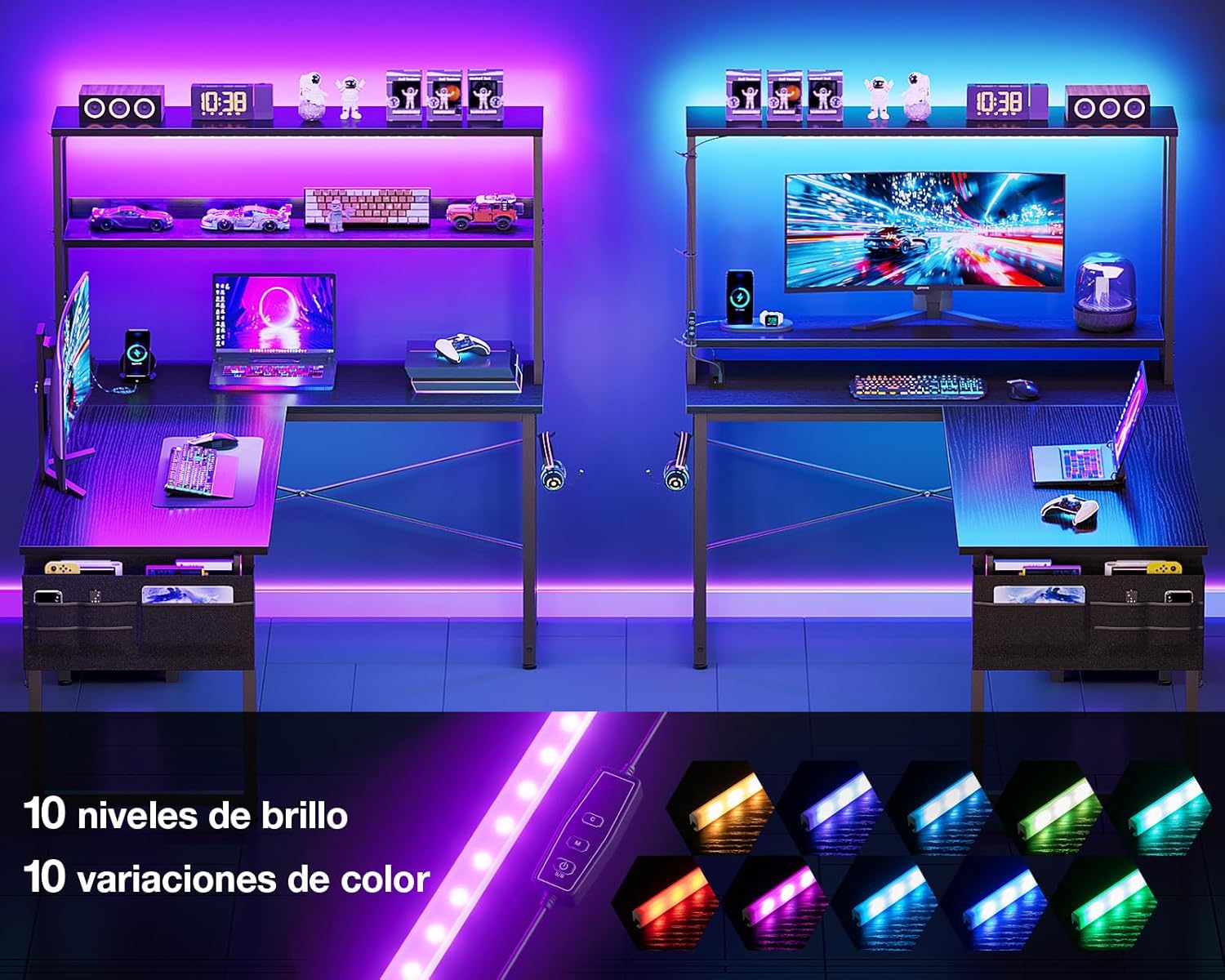 Coleshome Escritorio Gaming En L Con LED Y Enchufes, 110 × 80 Cm Escritorio Gamer Reversible Con Estantes, Escritorio Esquinero Con Bolsa De Almacenamiento Y Gancho.