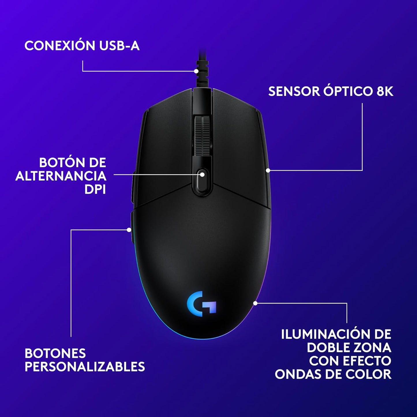 Logitech G203 Ratón USB Gaming Con Iluminación Personalizable, 6 Botones Programables, Captor 8K Para Gaming, Seguimiento De Hasta 8,000 DPI, Ultra-Ligero - Negro