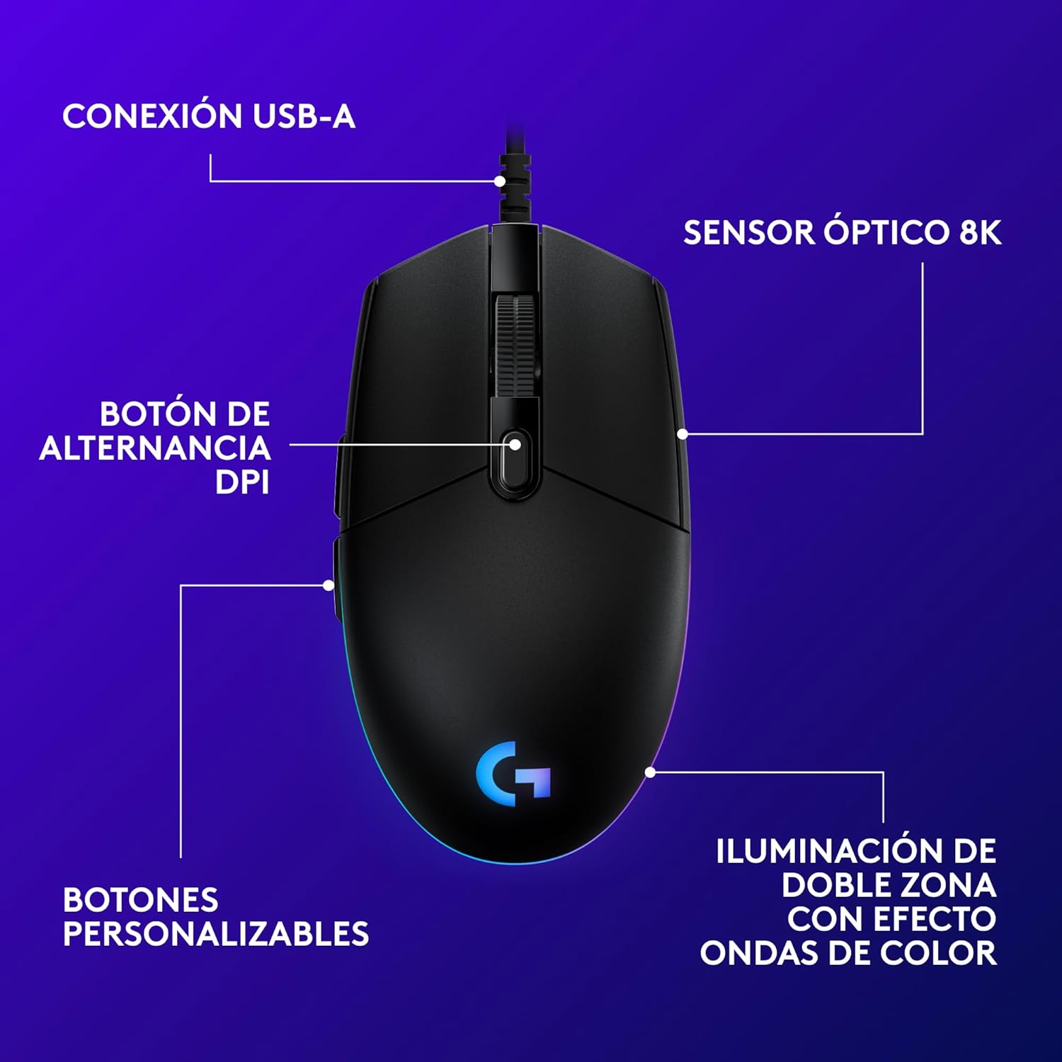 Logitech G203 Ratón USB Gaming Con Iluminación Personalizable, 6 Botones Programables, Captor 8K Para Gaming, Seguimiento De Hasta 8,000 DPI, Ultra-Ligero - Negro