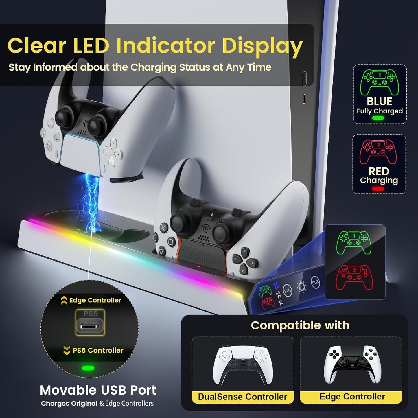 Soporte Delgado Para PS5/PS5 Con Ventilador De Refrigeración Ajustable, Soporte De Cargador De Refrigeración Vertical PS5 Para PS5/PS5 Slim