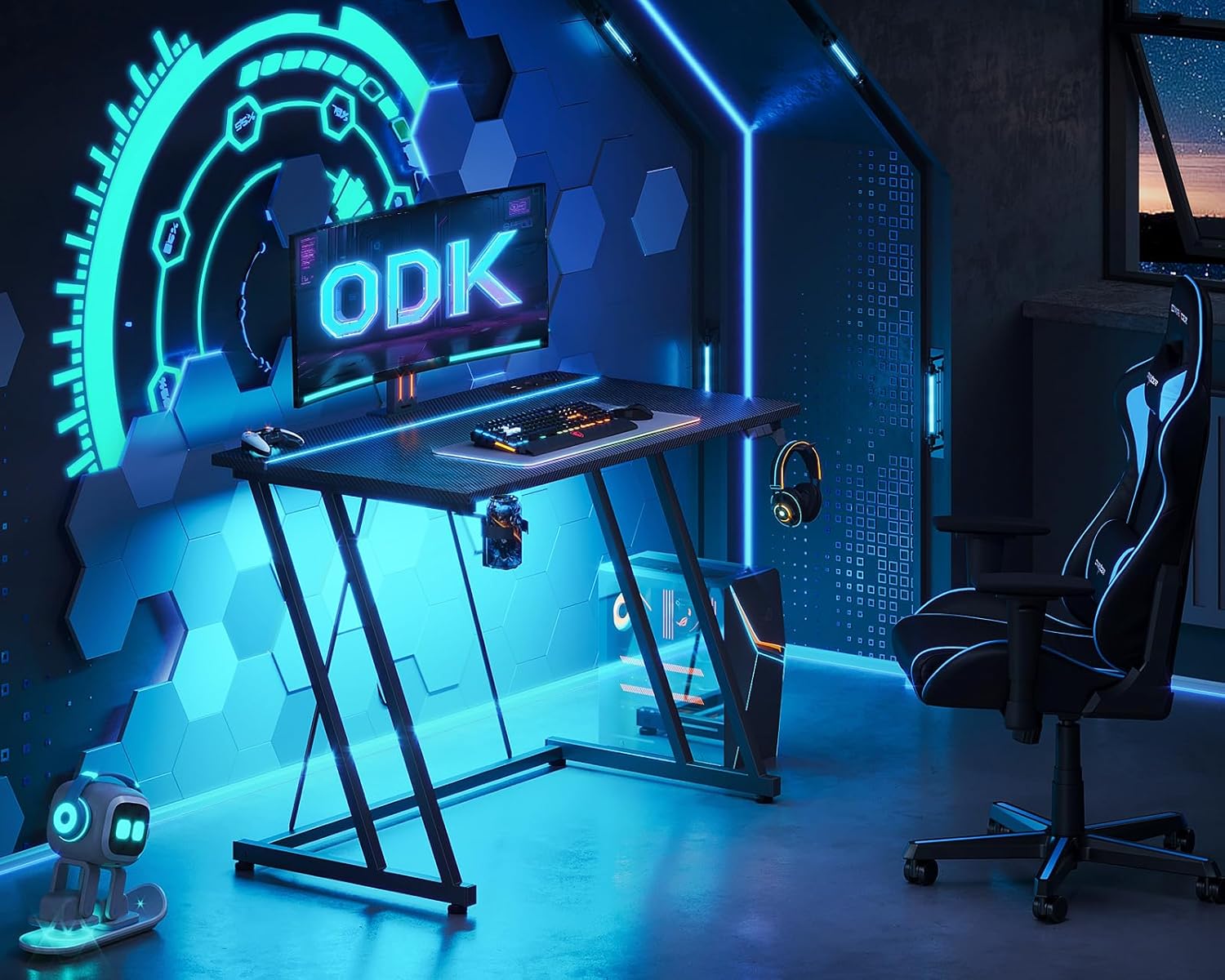 ODK 80 × 50 Cm Mesa Gaming Con Luces LED Y Toma De Corriente, Escritorio Gaming Con Soporte Para Taza Y Gancho Para Auriculares, Fibra De Carbono Negro