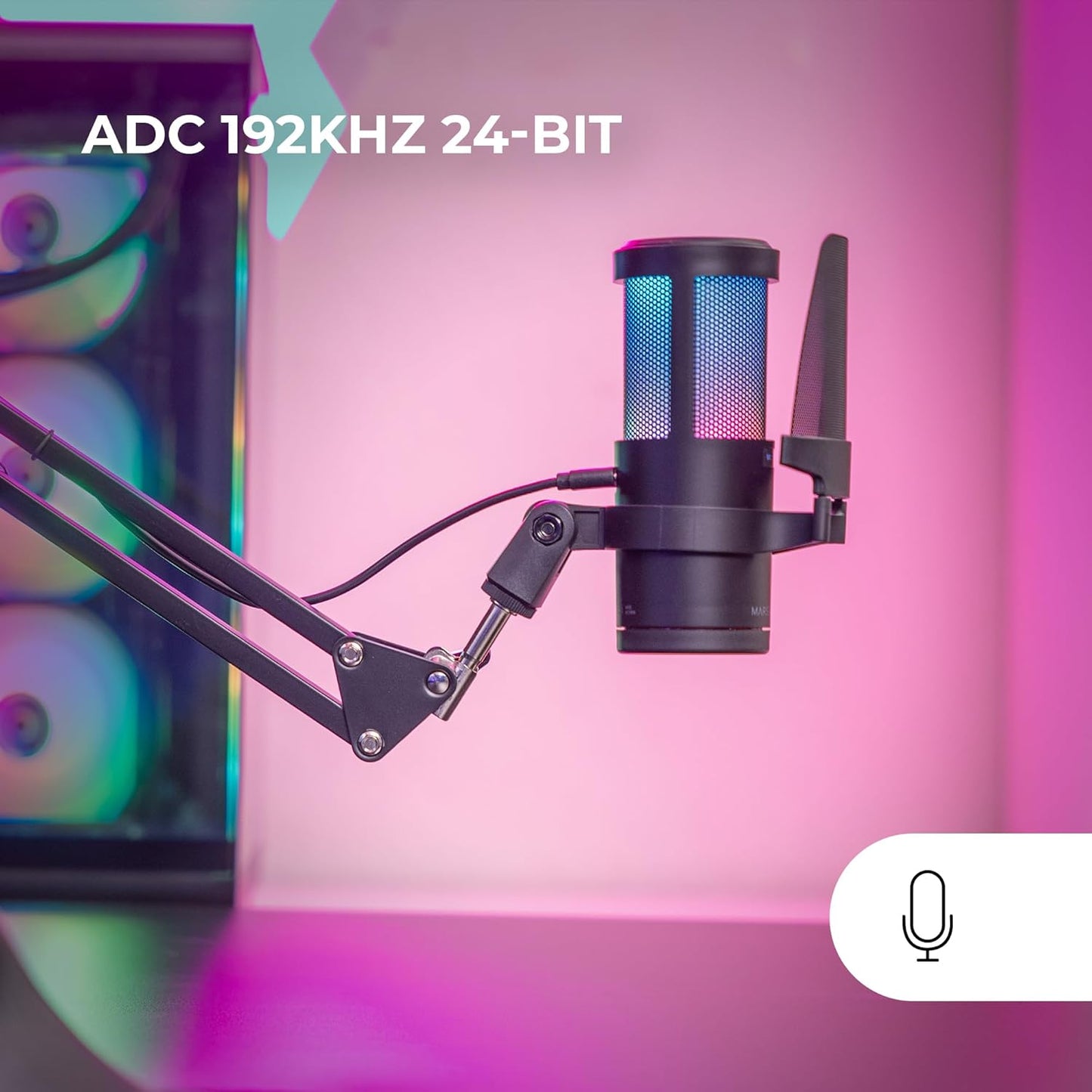 Mars Gaming MMIC-SC, Micrófono De Estudio Profesional, Diseño De Alta Gama ARGB, Alta Definición 192Khz 24-Bit, Brazo Mecánico Omnidireccional, Rueda De Control, Filtro Pop De Malla Metálica