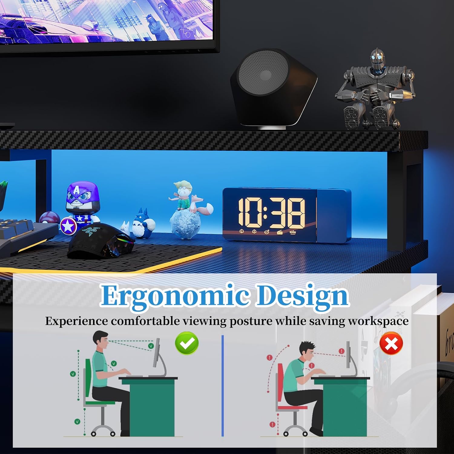 100 x 50 cm Escritorio L Con Luces LED Y Enchufes, Escritorio De Juego Con 2 Estantes, Con Soporte Para Monitor, Negro Carbón​