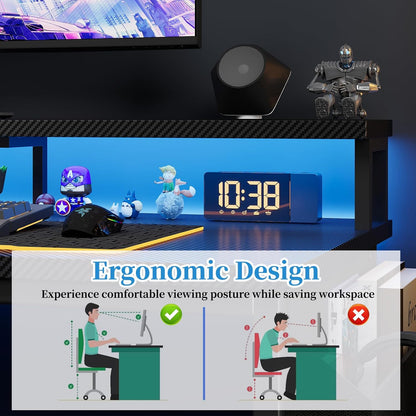 100 x 50 cm Escritorio L Con Luces LED Y Enchufes, Escritorio De Juego Con 2 Estantes, Con Soporte Para Monitor, Negro Carbón​