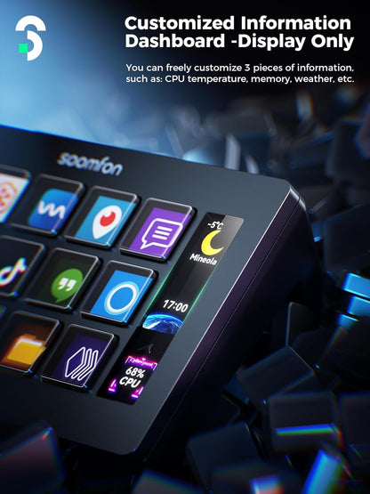SOOMFON Controlador con 15 teclas macro LCD personalizables para activar acciones en OBS Twitch YouTube Compatible con PC y Mac para creadores de contenido 