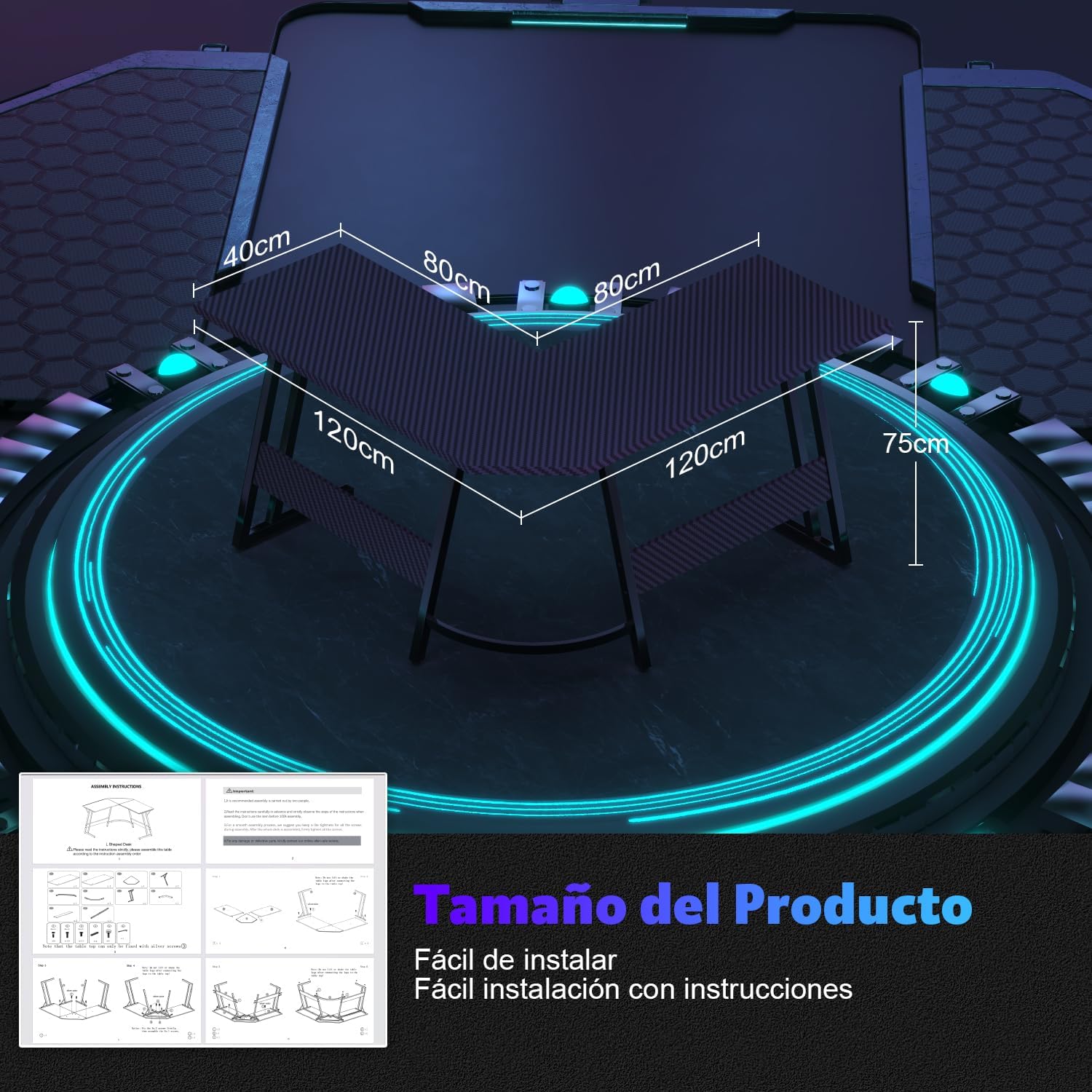 Devoko Escritorio Gaming De Esquina,120 X 120Cm,Escritorio Gamer En Forma De L Con Soporte De Monitor