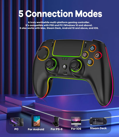Mando inalámbrico para PS5, Pro, PC, Mac, iOS, Android y Steam Deck. Incluye iluminación RGB, joystick de efecto Hall, doble vibración, turbo, conector para auriculares y batería de 1500 mAh.