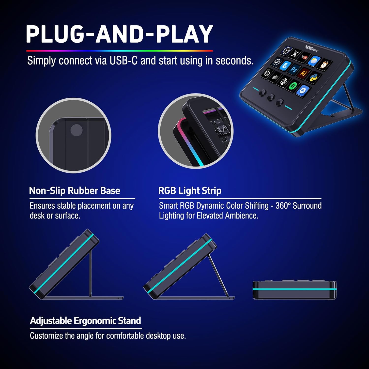 Panel de control para streaming y gaming, teclado de accesos directos con 18 teclas programables, panel visual personalizable con IA, soundboard USB compatible con OBS y YouTube, ideal para configuración de escritorio, laptop, PC y Mac.