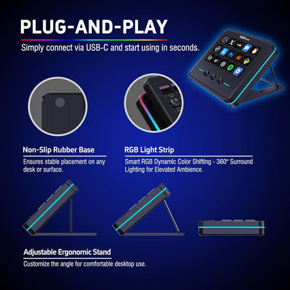 Panel de control para streaming y gaming, teclado de accesos directos con 18 teclas programables, panel visual personalizable con IA, soundboard USB compatible con OBS y YouTube, ideal para configuración de escritorio, laptop, PC y Mac.