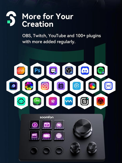 Panel de control con 6 teclas macro LCD personalizables para activar acciones en OBS, Twitch y YouTube, ideal para creadores de contenido y gaming, compatible con PC y Mac.