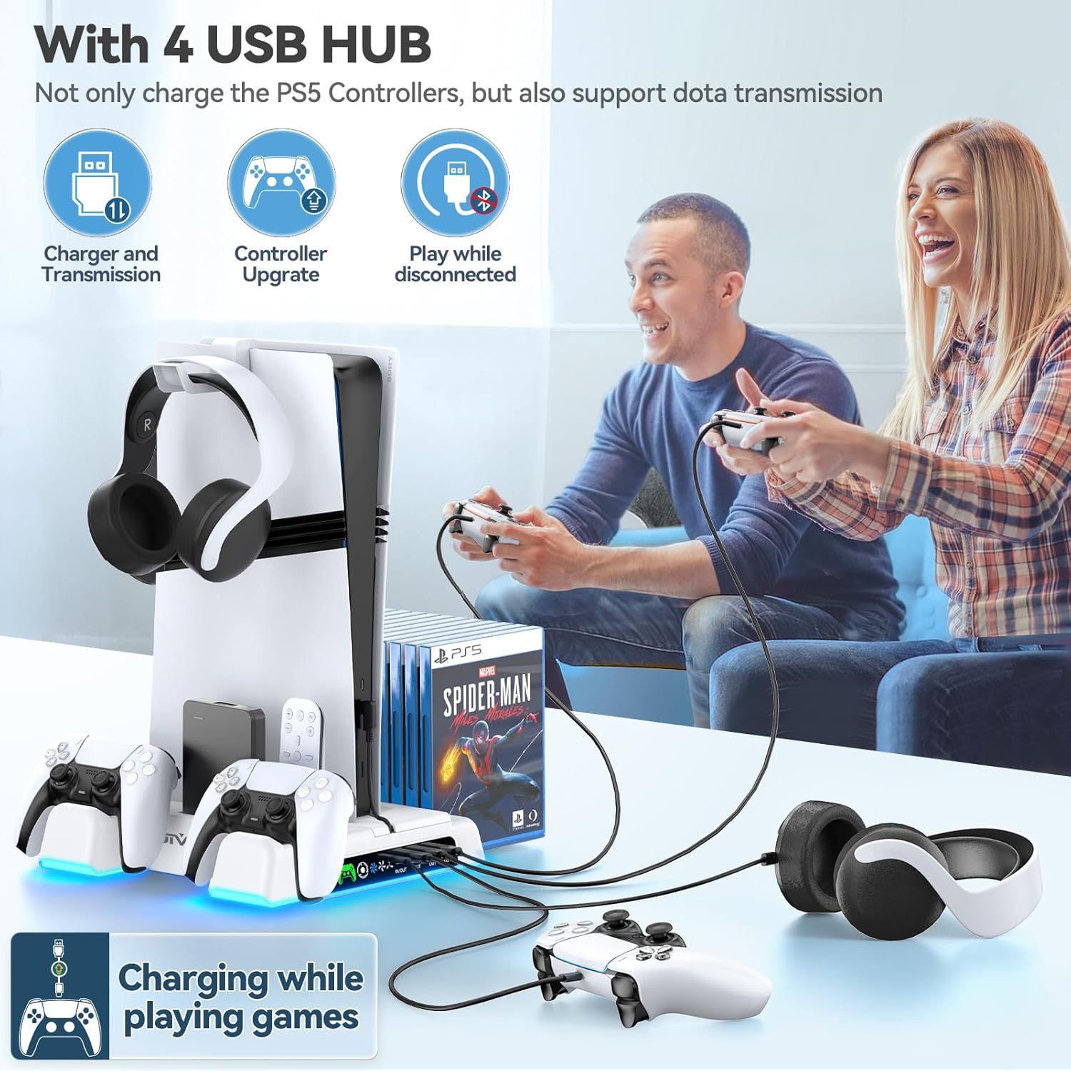 OIVO Soporte Para Ps5/Slim/Pro Con Ventilador De 3 Velocidades, Cargador Para Mando Playstation, Soporte PS5 Vertical Con 3 Puertos USB Y Ranuras De 14 Juegos