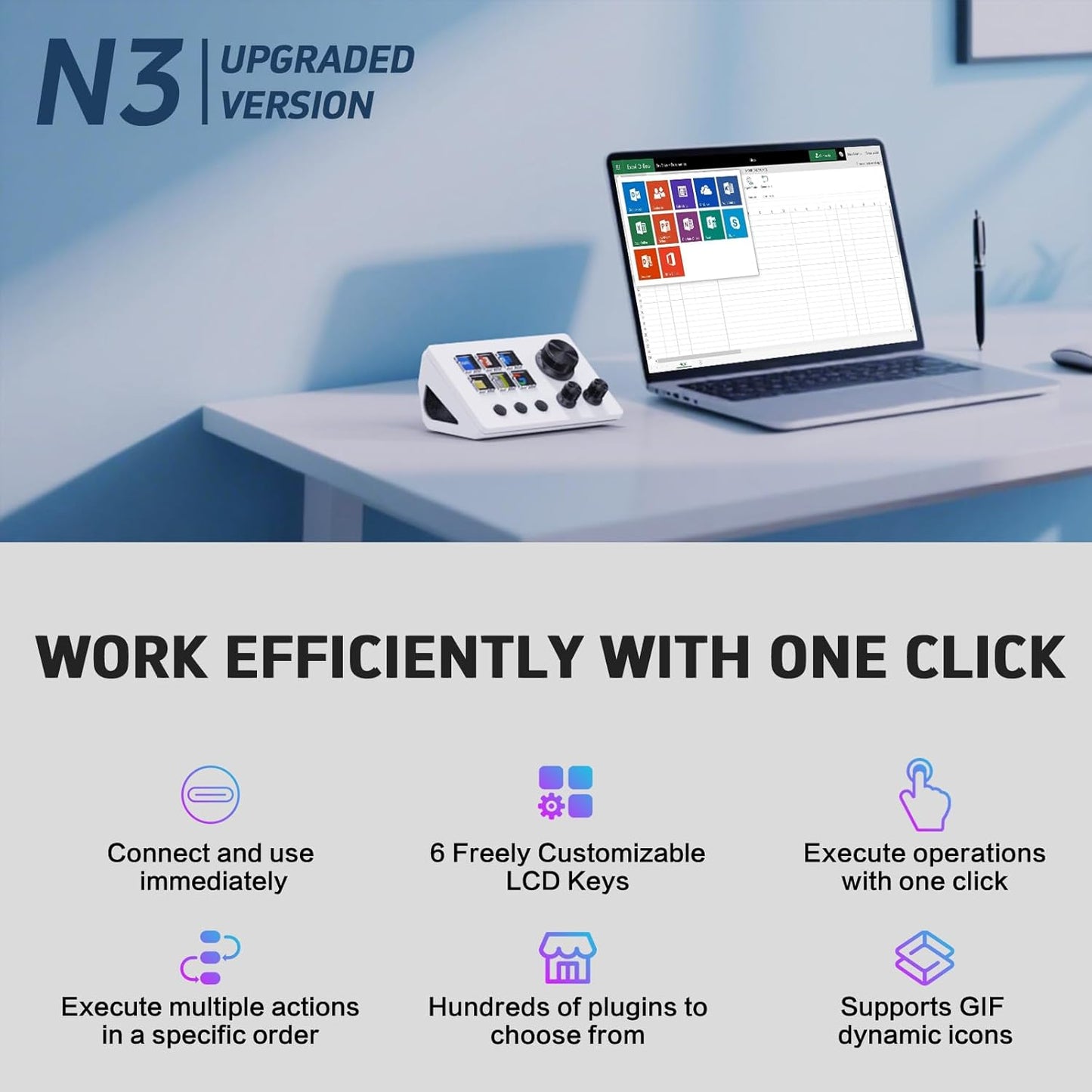 Panel de control para streamers, teclado de accesos directos para gaming con 6 teclas LCD personalizables, 3 botones y 3 perillas, permite activar acciones en OBS, Twitch y YouTube, compatible con Windows y macOS