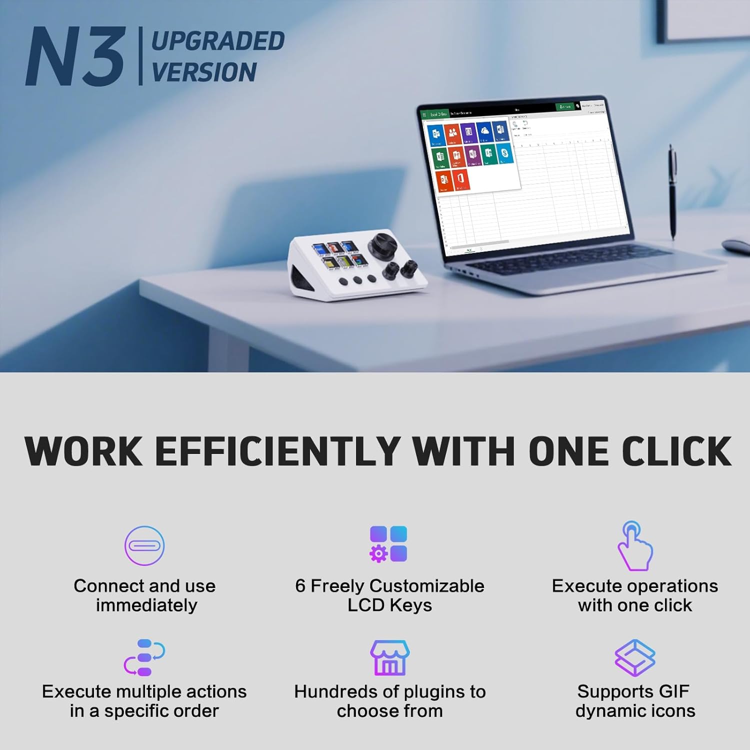 Panel de control para streamers, teclado de accesos directos para gaming con 6 teclas LCD personalizables, 3 botones y 3 perillas, permite activar acciones en OBS, Twitch y YouTube, compatible con Windows y macOS