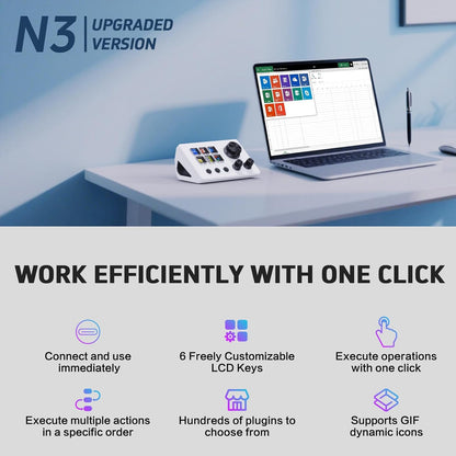 Panel de control para streamers, teclado de accesos directos para gaming con 6 teclas LCD personalizables, 3 botones y 3 perillas, permite activar acciones en OBS, Twitch y YouTube, compatible con Windows y macOS